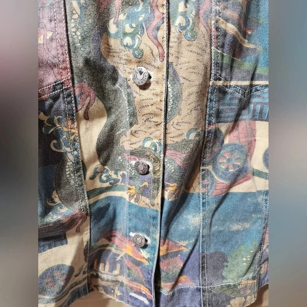 Chico's Design Vintage Japanese Art Print Button Up Denim Jacket - Picture 6 of 10